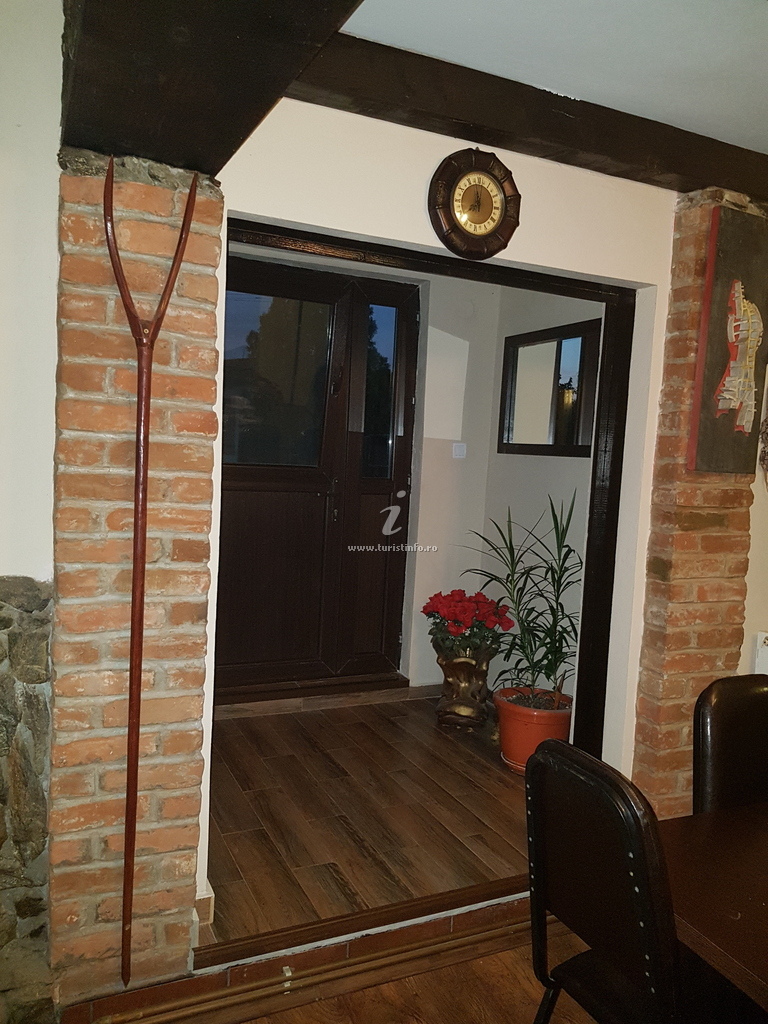 Holul de intrare, cu perete de cărămidă