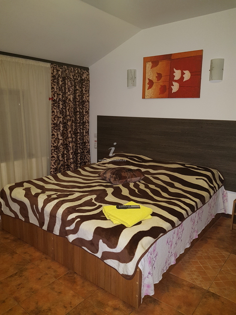 Cameră cu pat dublu și tablou abstract